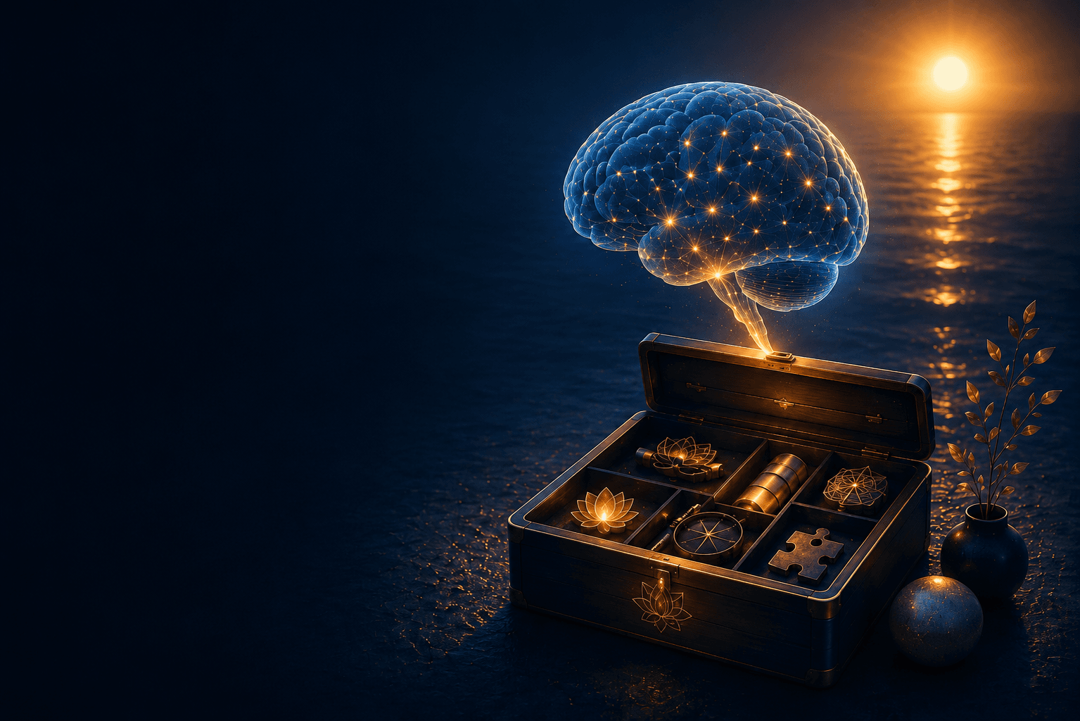A glowing wireframe mind rising from an open treasure chest of mindfulness tools, under moonlight over calm water